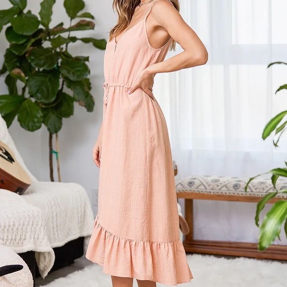 Lulu’s - Beautiful Views Peach Button-Front Ruffled High-Low Midi Dress - M - Picture 7 of 8
